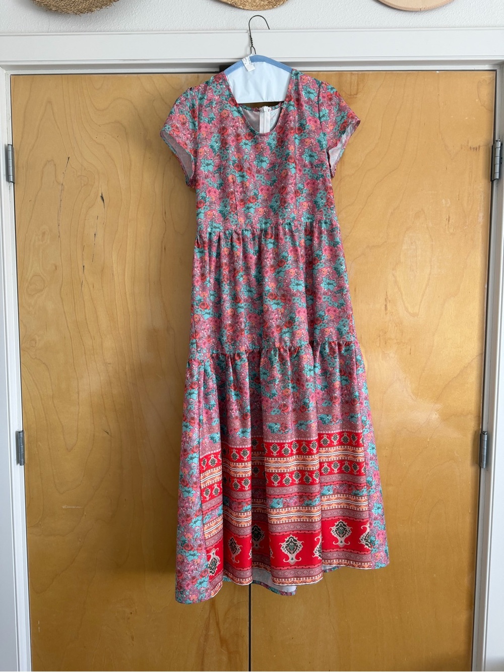 Bohemian Floral Tiered Midi Dress in Coral and Teal